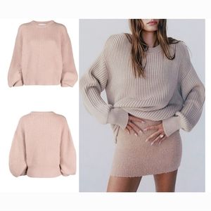 (Nude)Oversized Rose Pink Crew Neck Side Slit Sweater